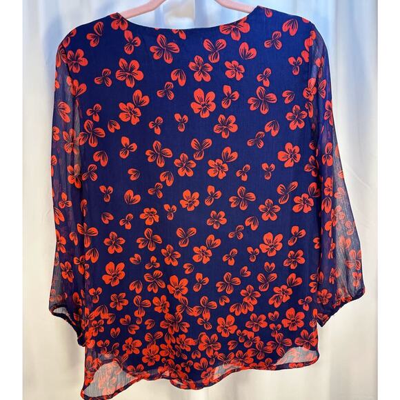 Women's Large Blue Red Floral Emily Daniels Blouse - Picture 2 of 8